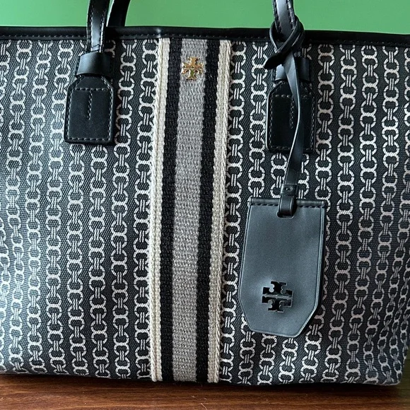 🔵🔵EUC Tory Burch Black/Navy/White Patterned Textured Tote🔵🔵